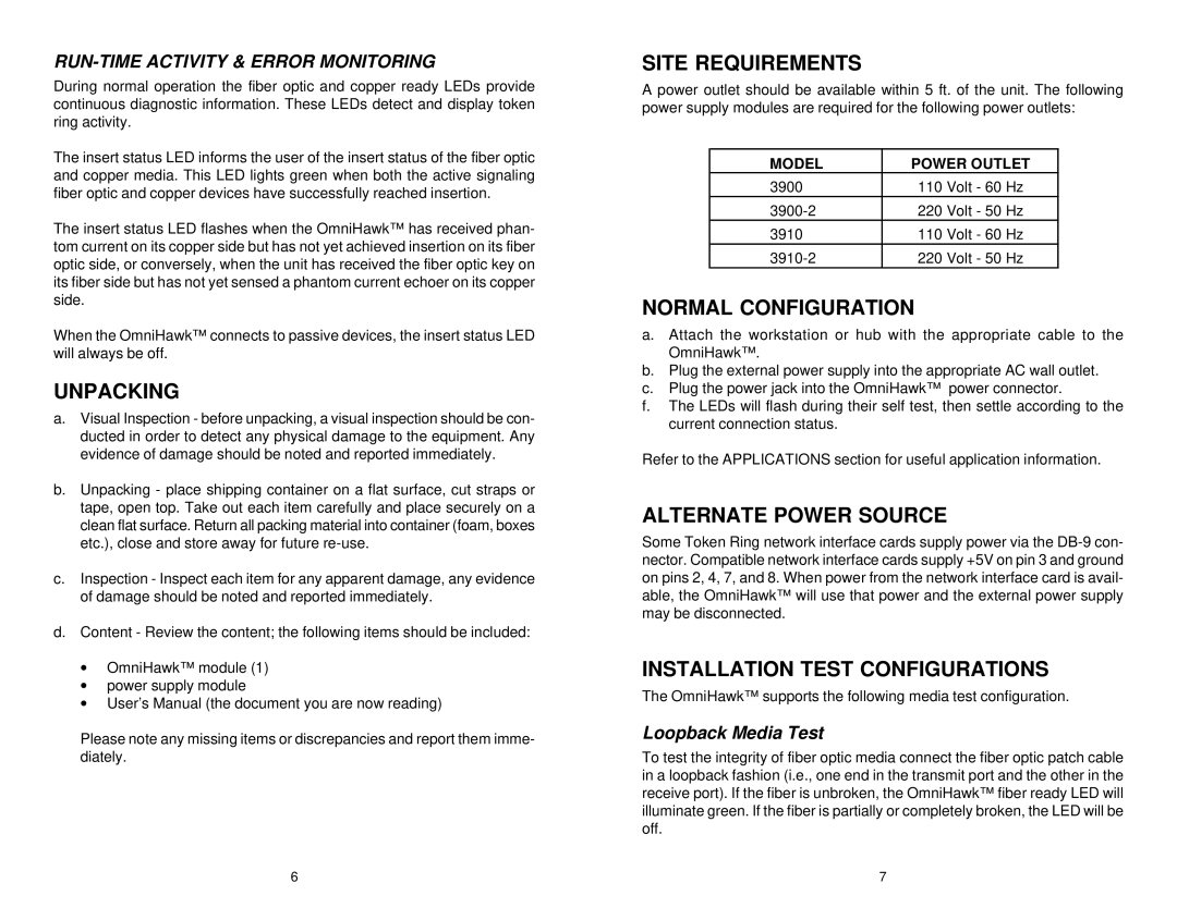 Omnitron Systems Technology OmniHawk user manual Unpacking, Site Requirements, Normal Configuration, Alternate Power Source 