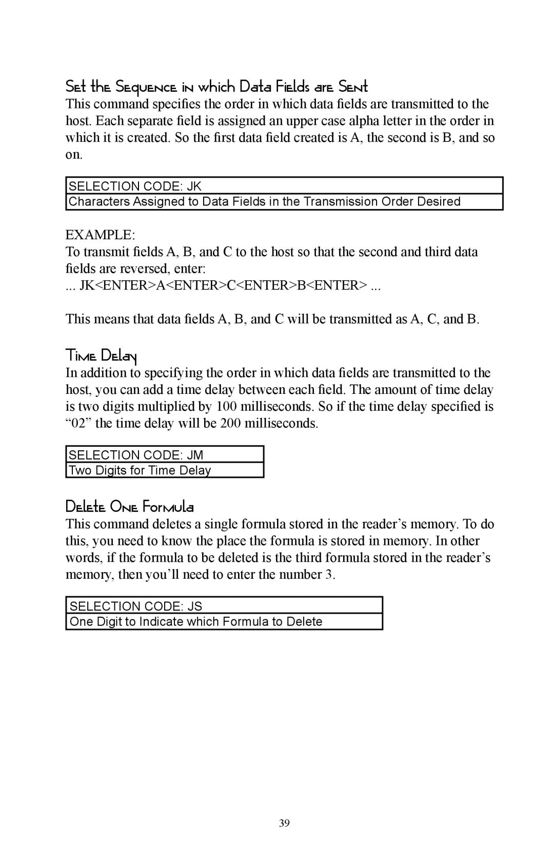 Omnitron Systems Technology RS-232 Set the Sequence in which Data Fields are Sent, Time Delay, Delete One Formula 