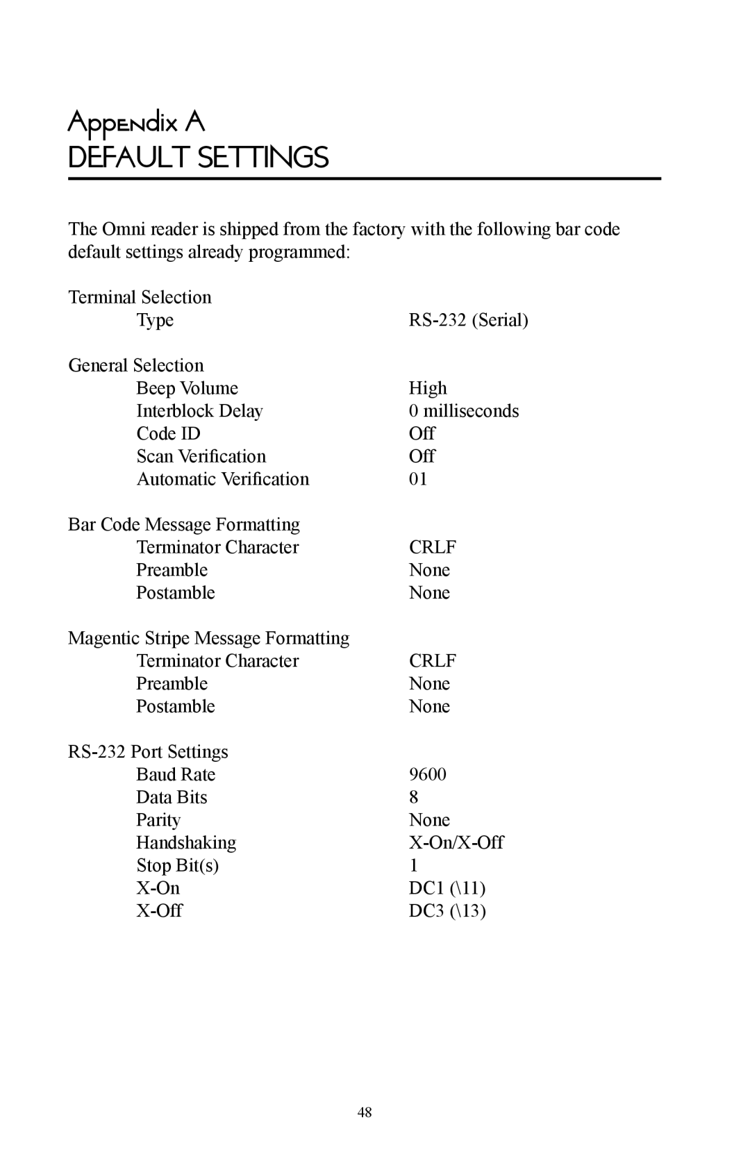 Omnitron Systems Technology RS-232 user manual Appendix a, Default Settings, Crlf 