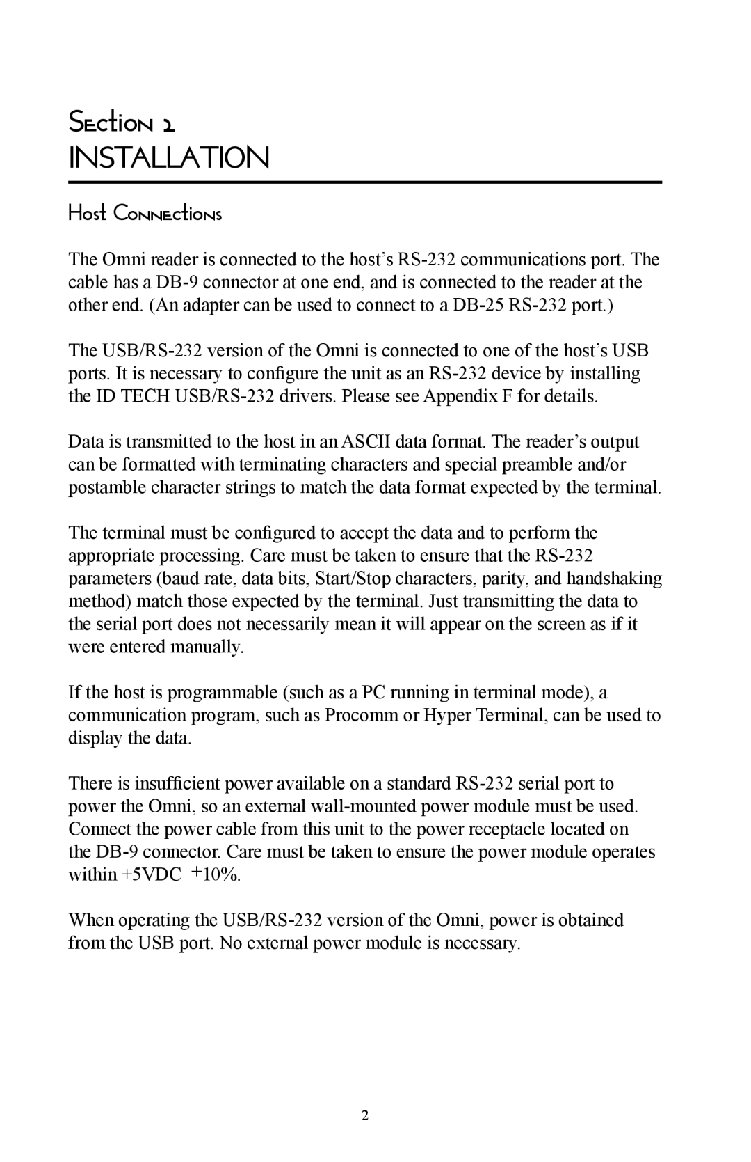 Omnitron Systems Technology RS-232 user manual Installation, Host Connections 