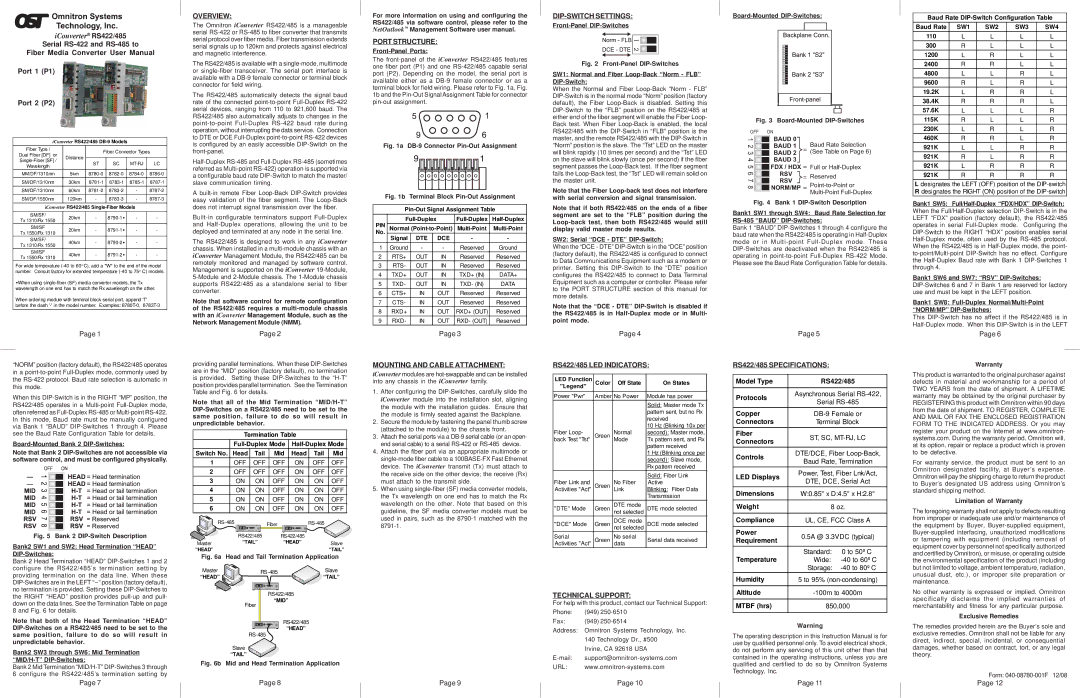 Omnitron Systems Technology RS422/485 specifications Overview, Port Structure, Mounting and Cable Attachment 