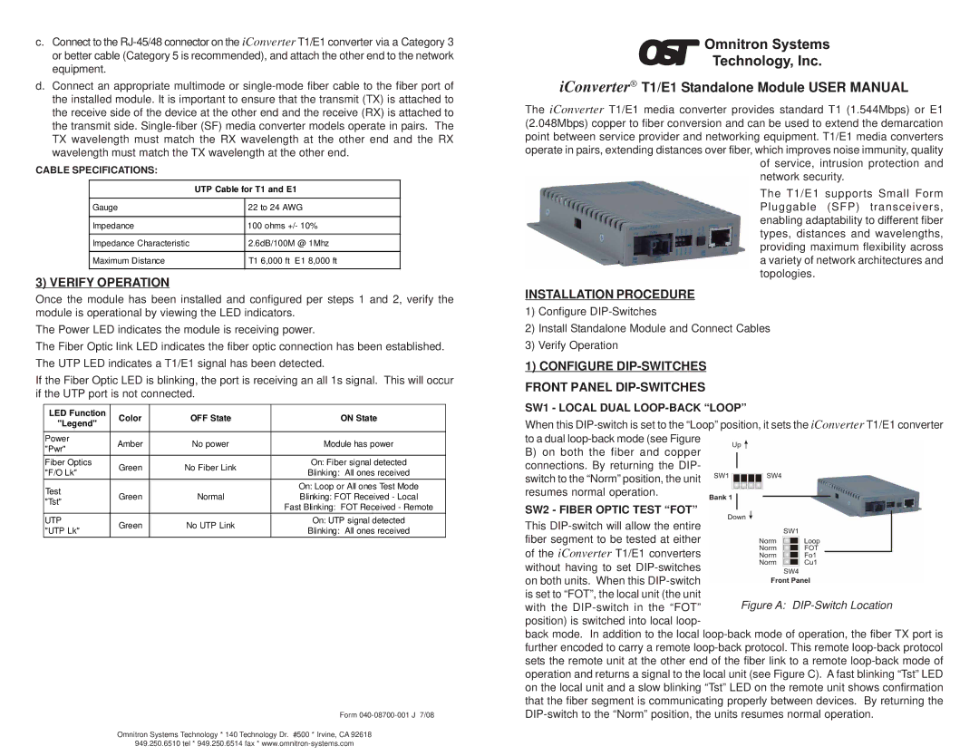 Omnitron Systems Technology T1/E1 user manual Verify Operation, Installation Procedure, SW1 Local Dual LOOP-BACK Loop 