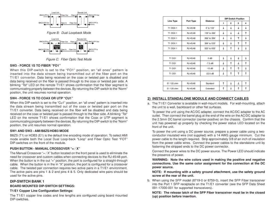 Omnitron Systems Technology T1/E1 user manual DIP-SWITCH Bank, Install Standalone Module and Connect Cables 