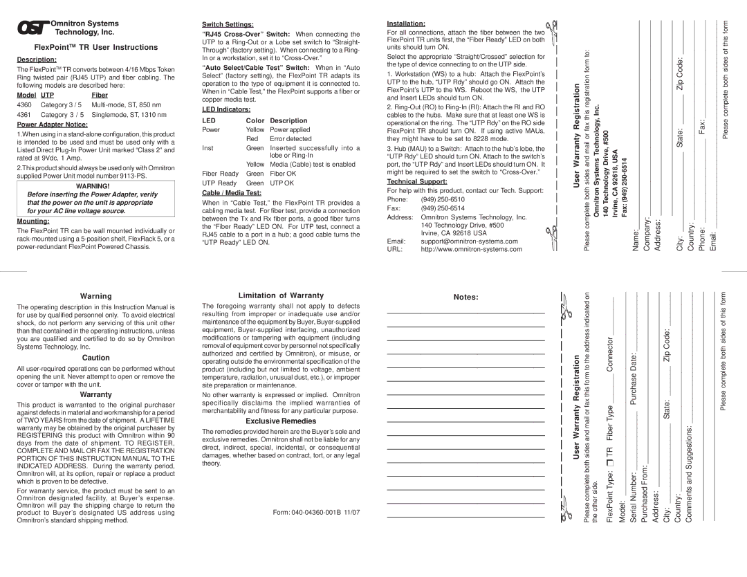 Omnitron Systems Technology warranty FlexPointTM TR User Instructions, Limitation of Warranty, Exclusive Remedies 