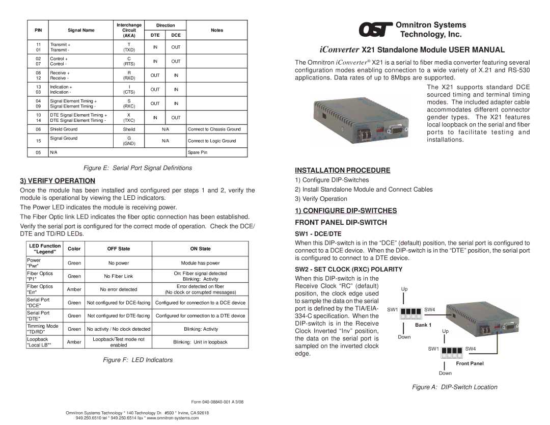 Omnitron Systems Technology X21 user manual Verify Operation, Installation Procedure, SW1 DCE/DTE 