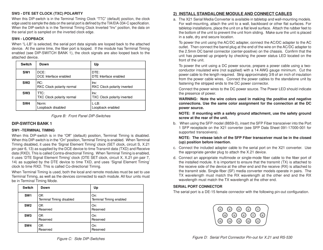 Omnitron Systems Technology X21 user manual DIP-SWITCH Bank, Install Standalone Module and Connect Cables 