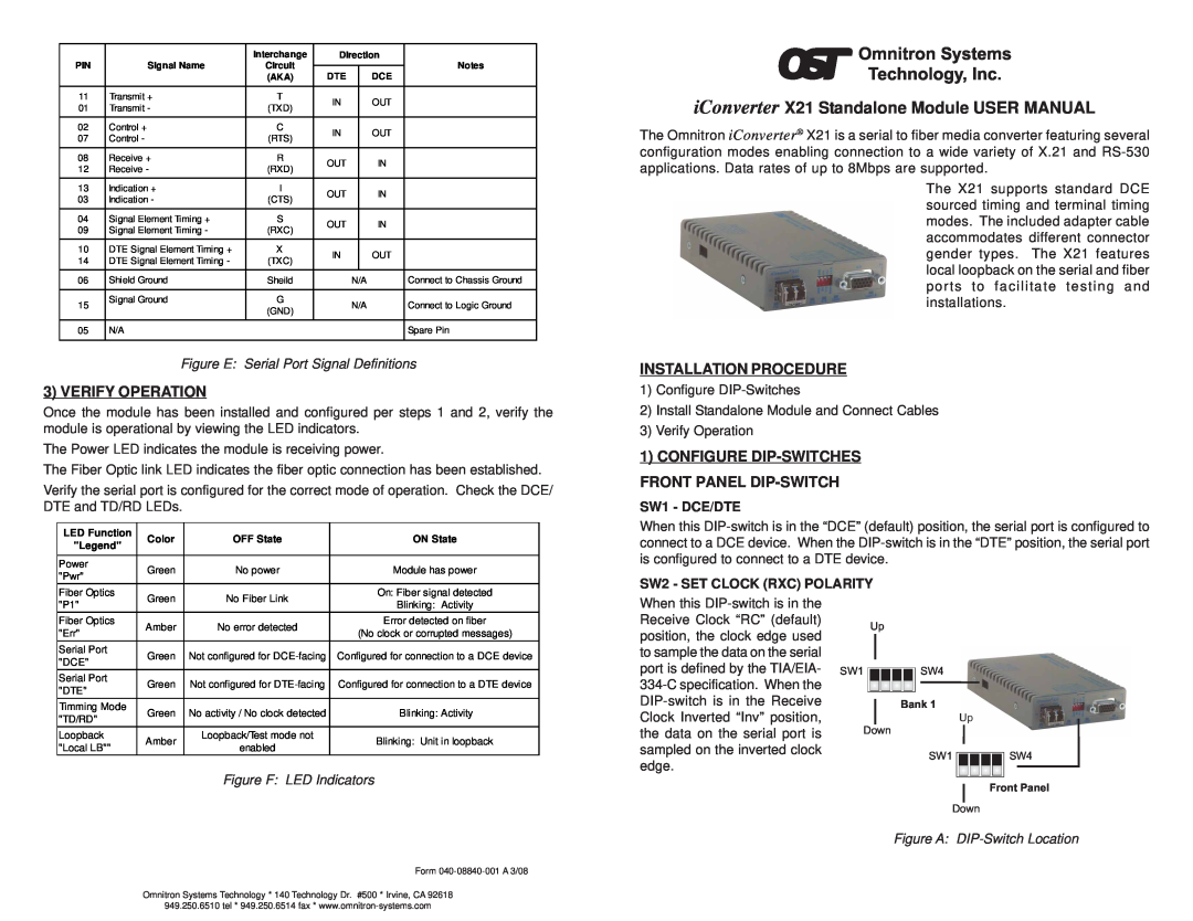 Omnitron Systems Technology X21 user manual Verify Operation, Installation Procedure, SW1 - DCE/DTE 