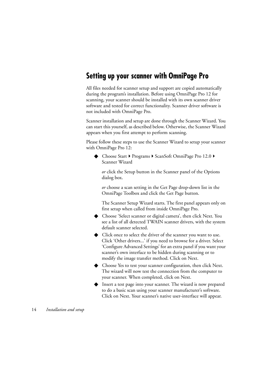 OmniWare Pro 12 ScanSoft manual Setting up your scanner with OmniPage Pro 