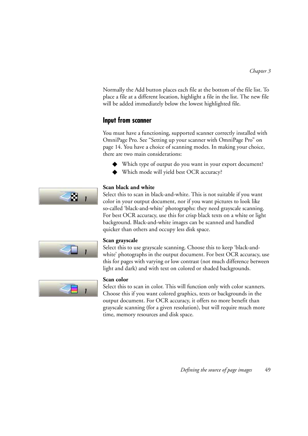 OmniWare Pro 12 ScanSoft manual Input from scanner, Scan black and white, Scan grayscale, Scan color 