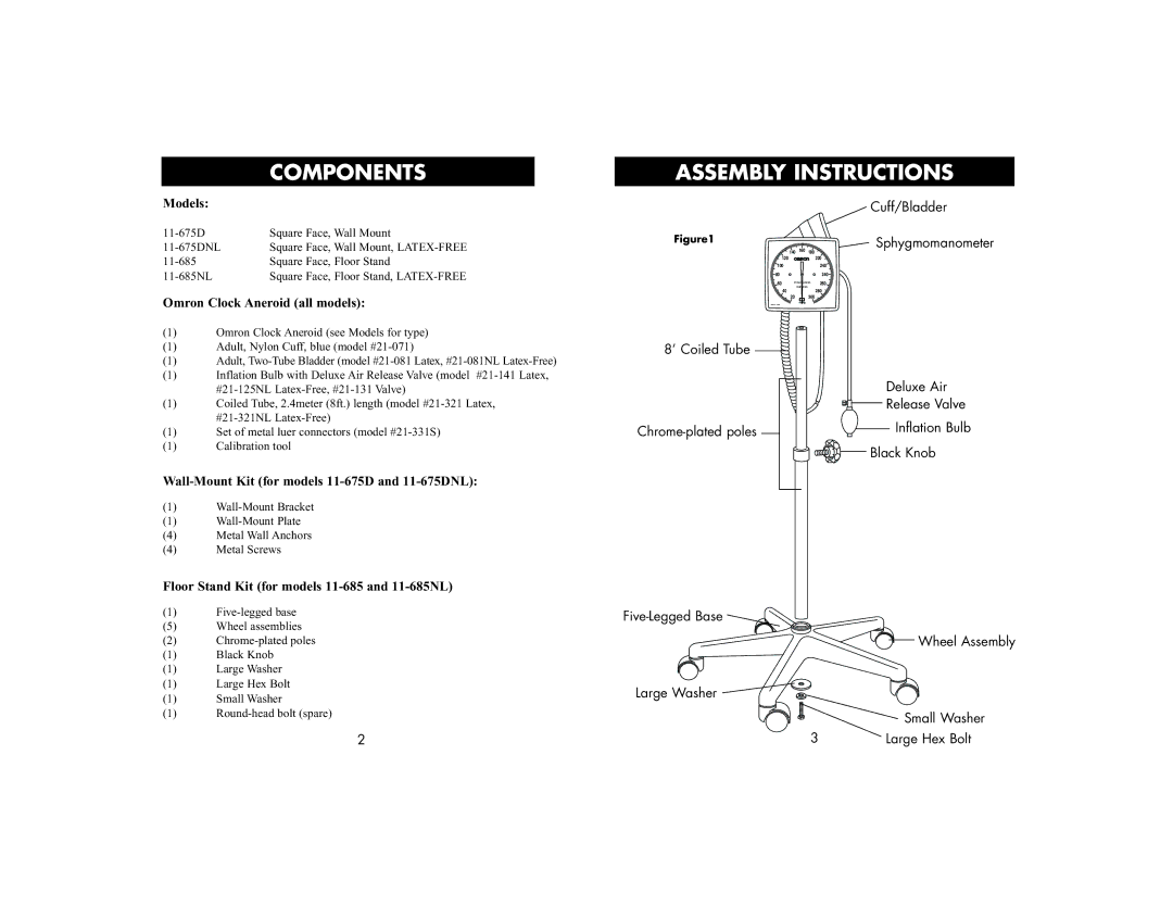 Omron 11-685NL, 11 685 manual Models, Omron Clock Aneroid all models, Wall-Mount Kit for models 11-675D and 11-675DNL 