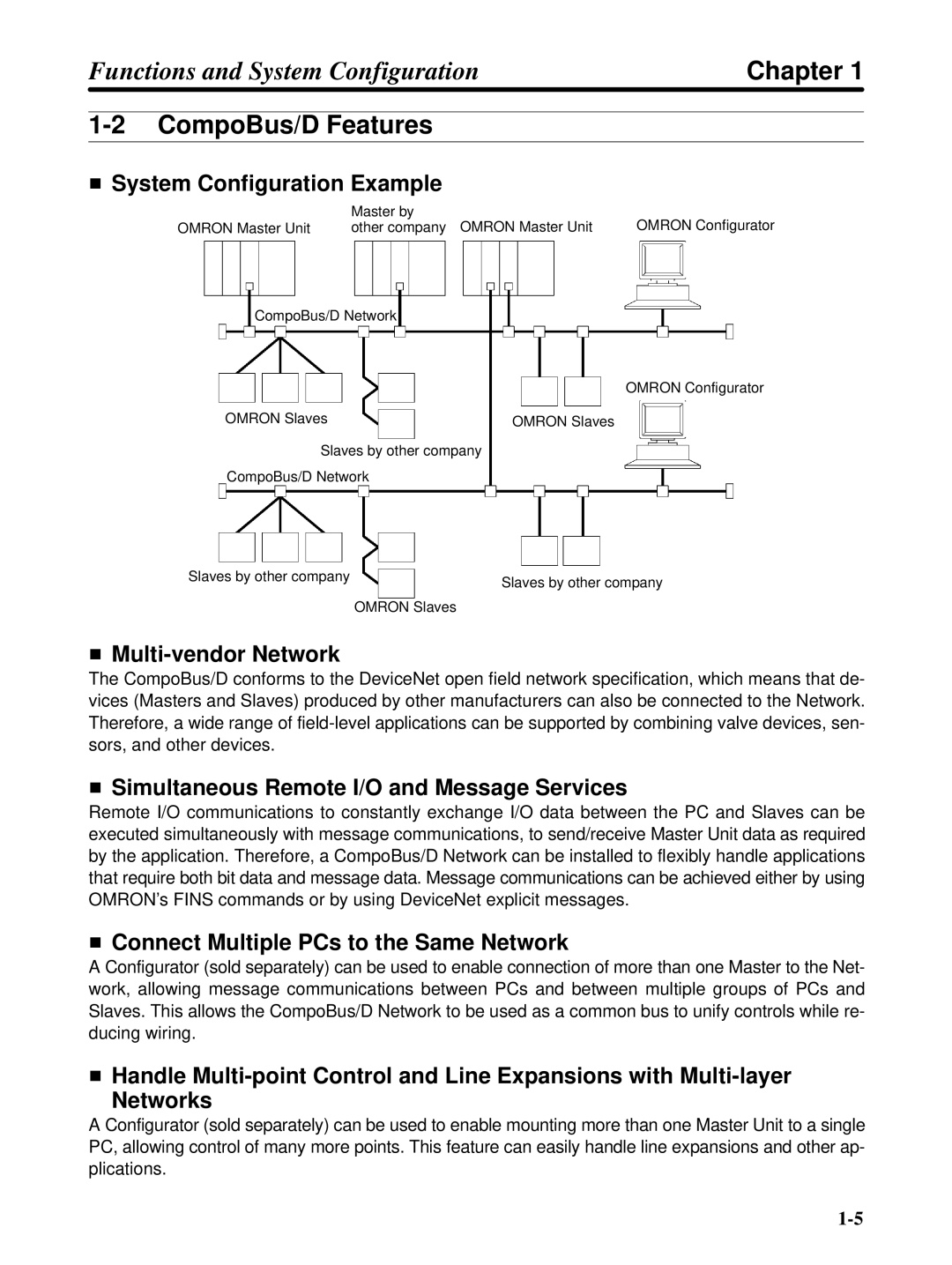 Omron 3G3FV-PDRT1-SIN CompoBus/D Features, System Configuration Example, Simultaneous Remote I/O and Message Services 