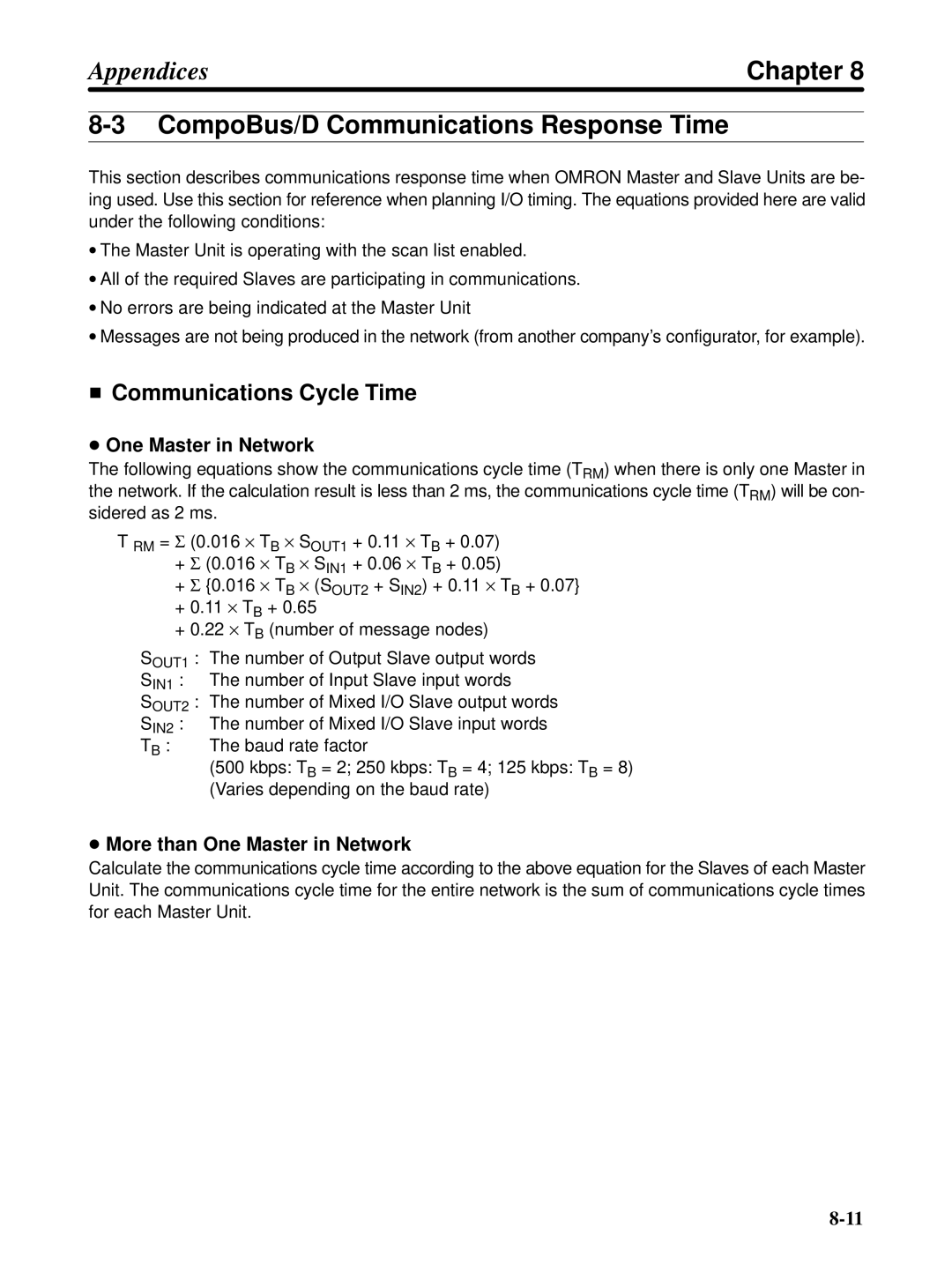 Omron 3G3FV-PDRT1-SIN user manual CompoBus/D Communications Response Time, Communications Cycle Time, One Master in Network 