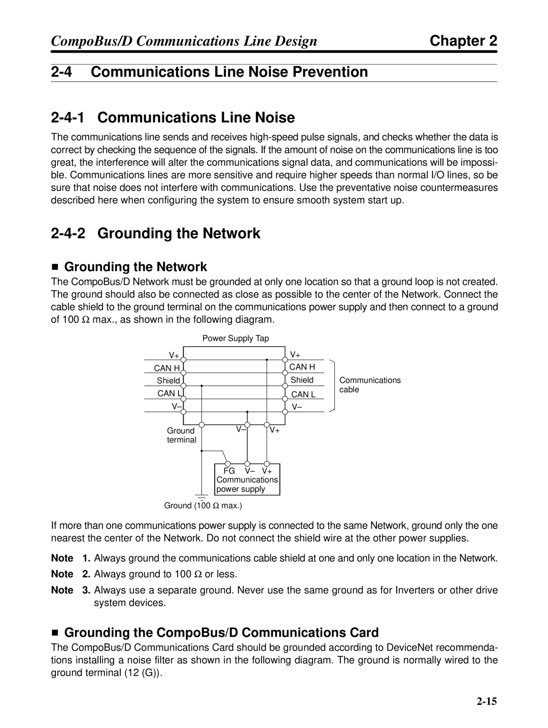 Omron 3G3FV-PDRT1-SIN user manual Communications Line Noise Prevention, Grounding the Network 