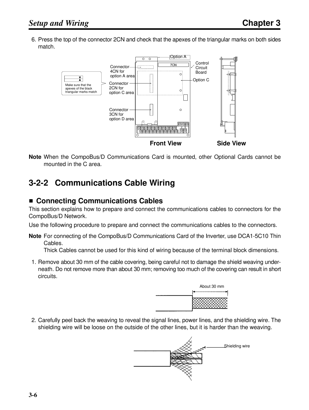 Omron 3G3FV-PDRT1-SIN user manual Communications Cable Wiring, Connecting Communications Cables, Front View Side View 