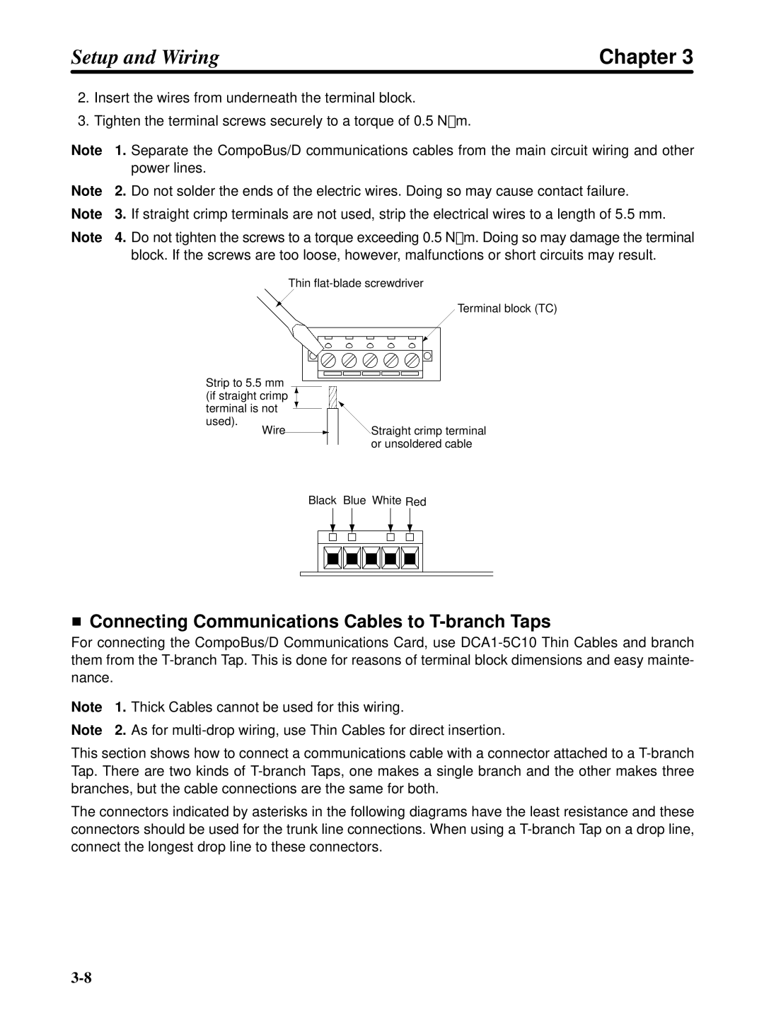 Omron 3G3FV-PDRT1-SIN user manual Connecting Communications Cables to T-branch Taps 