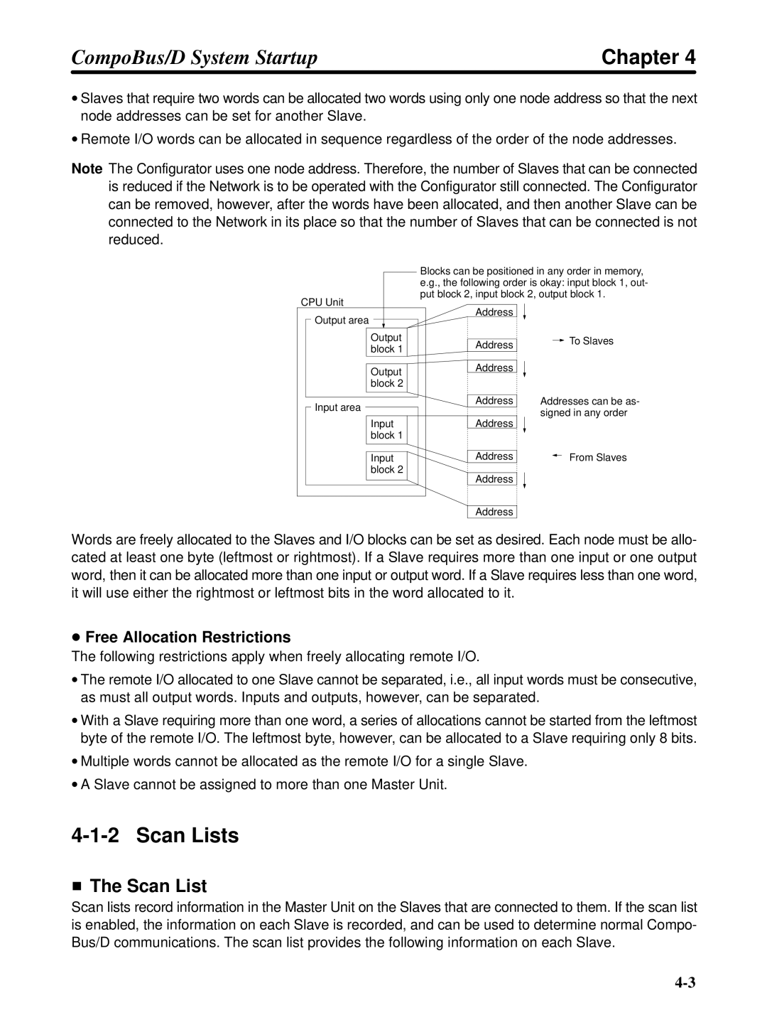 Omron 3G3FV-PDRT1-SIN user manual Scan Lists, Free Allocation Restrictions 