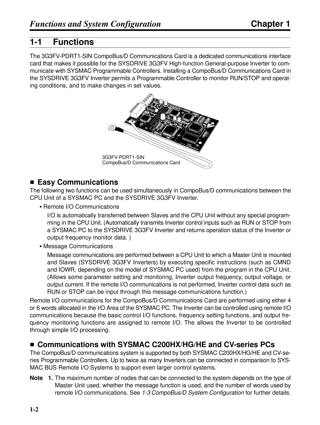 Omron 3G3FV-PDRT1-SIN user manual Functions, Easy Communications, Communications with Sysmac C200HX/HG/HE and CV-series PCs 