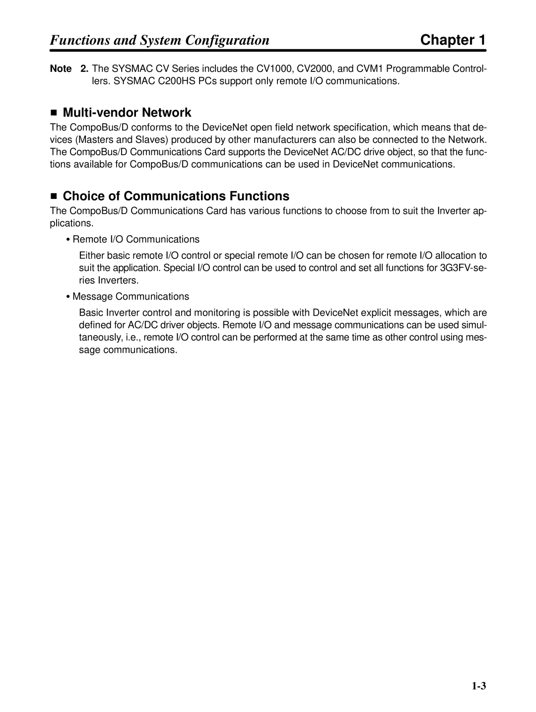 Omron 3G3FV-PDRT1-SIN user manual Multi-vendor Network, Choice of Communications Functions 