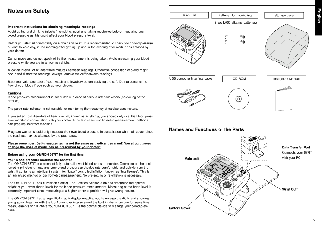 Omron 637IT Names and Functions of the Parts, Important instructions for obtaining meaningful readings, Data Transfer Port 