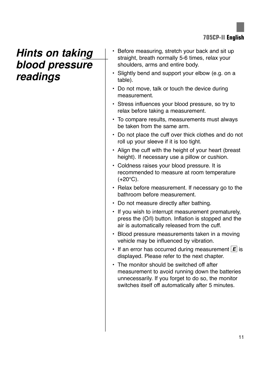 Omron 705CP-II instruction manual Hints on taking blood pressure readings 