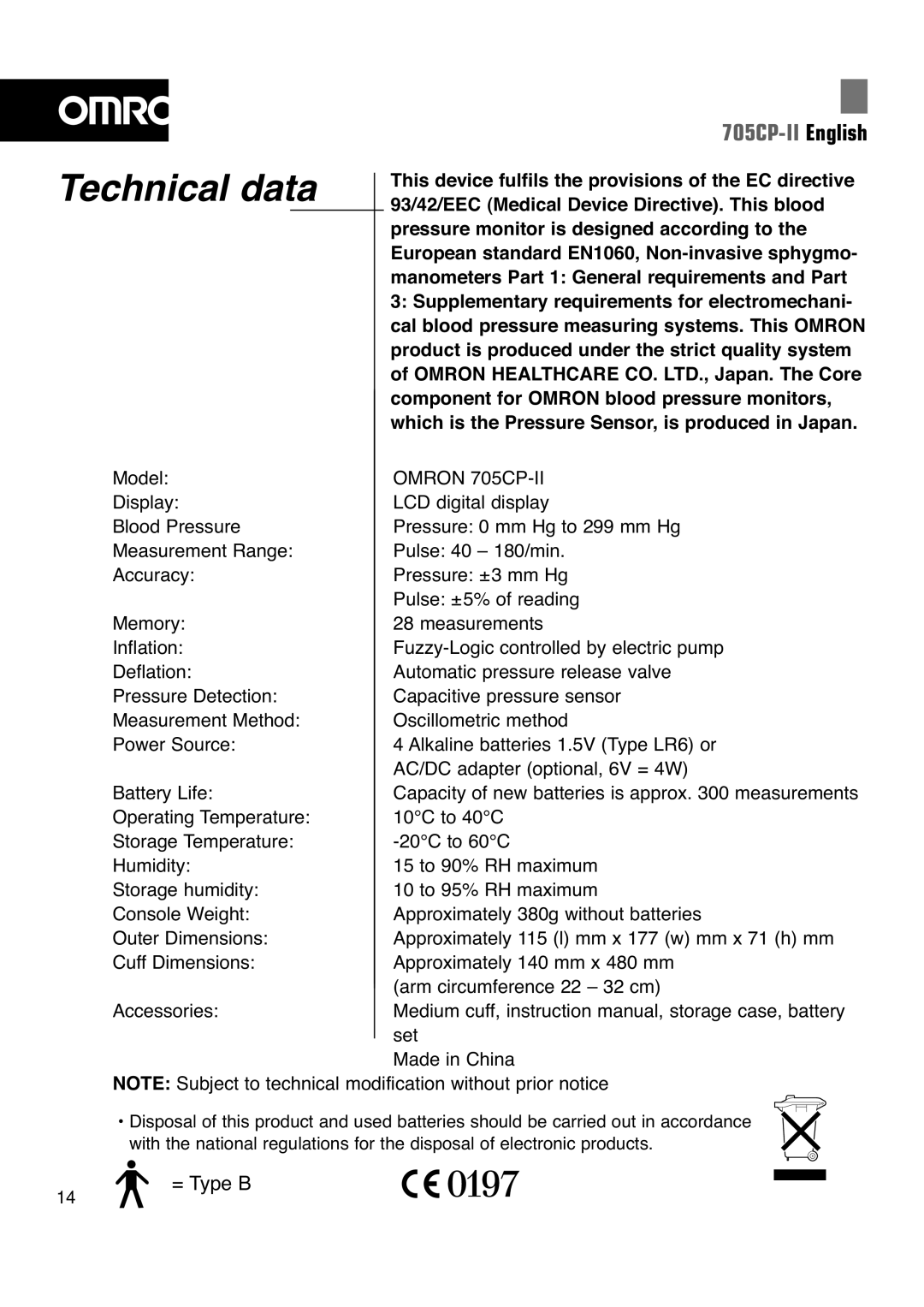 Omron 705CP-II instruction manual Technical data, Which is the Pressure Sensor, is produced in Japan 