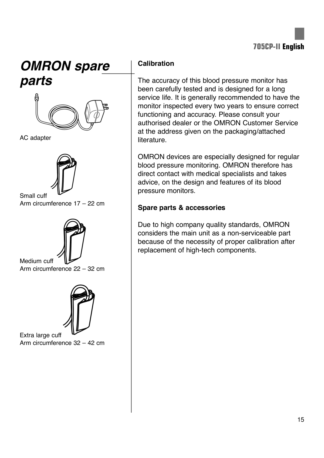 Omron 705CP-II instruction manual Omron spare parts, Calibration, Spare parts & accessories 