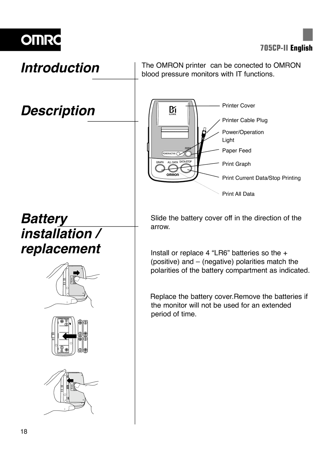 Omron 705CP-II instruction manual Introduction, Description, Battery, Installation, Replacement 