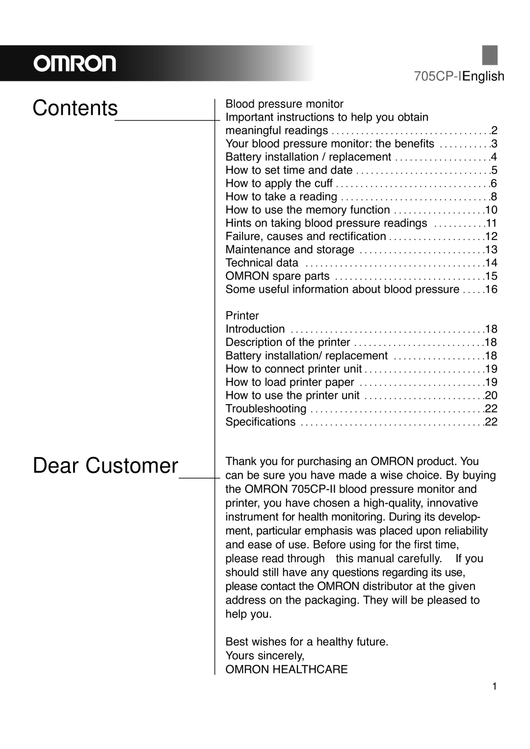 Omron 705CP-II instruction manual Contents Dear Customer 