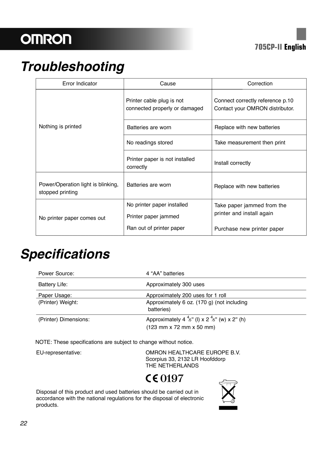 Omron 705CP-II instruction manual Troubleshooting, Specifications 