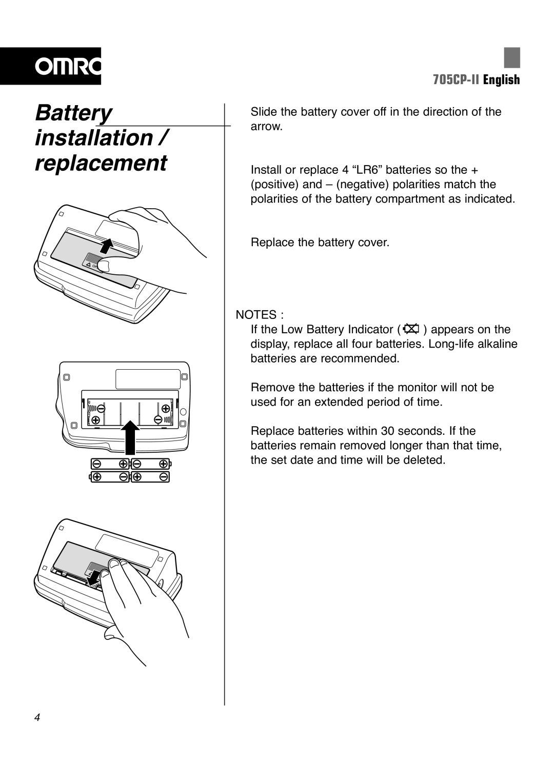 Omron 705CP-II instruction manual Battery installation / replacement 