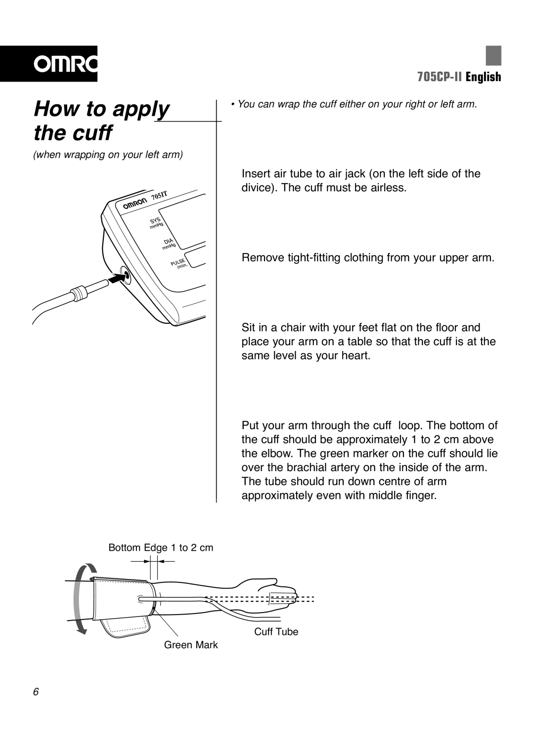 Omron 705CP-II instruction manual How to apply the cuff 