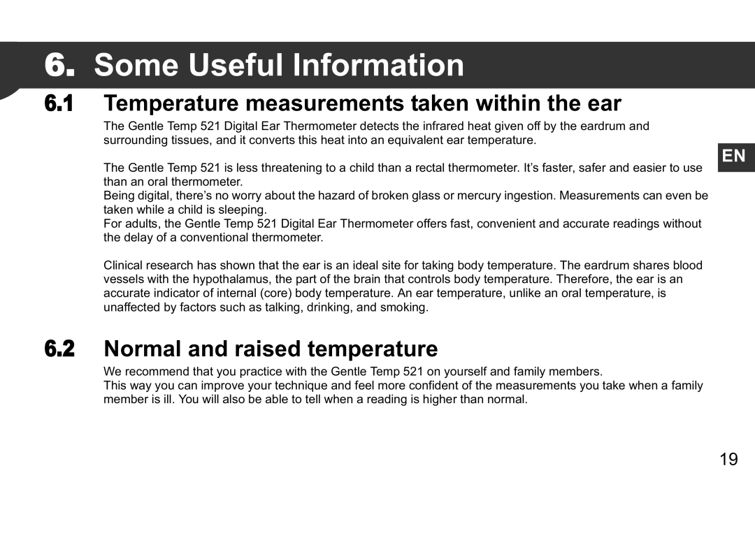 Omron 9063366-4A Some Useful Information, Temperature measurements taken within the ear, Normal and raised temperature 