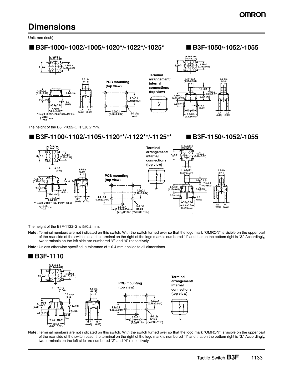 Omron B3F manual Dimensions 