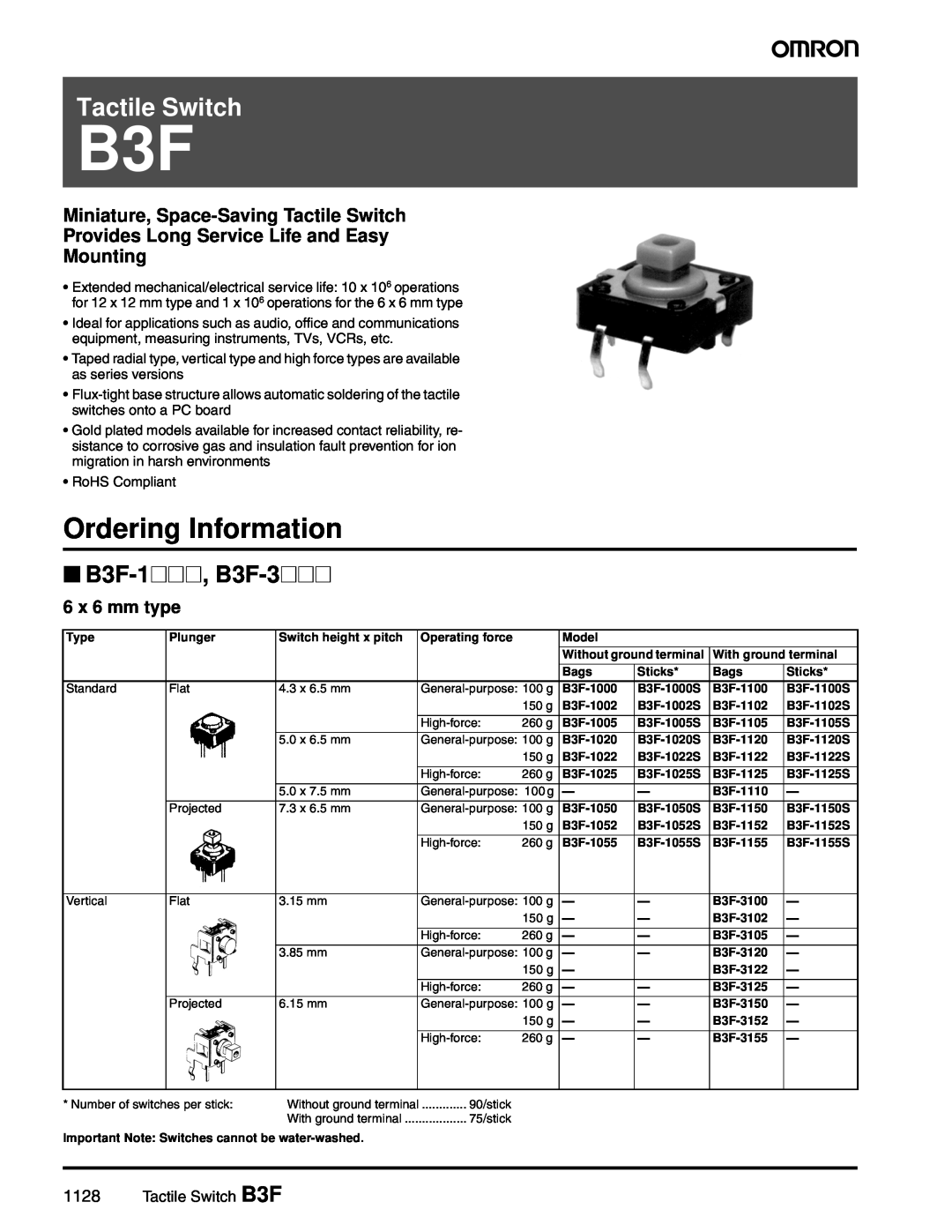 Omron manual Ordering Information, B3F-1@@@, B3F-3@@@, 6 x 6 mm type, Tactile Switch B3F 