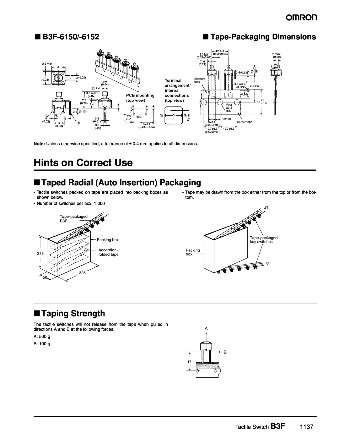 Omron manual Hints on Correct Use, Taped Radial Auto Insertion Packaging, Taping Strength, B3F-6150/-6152, 1137 
