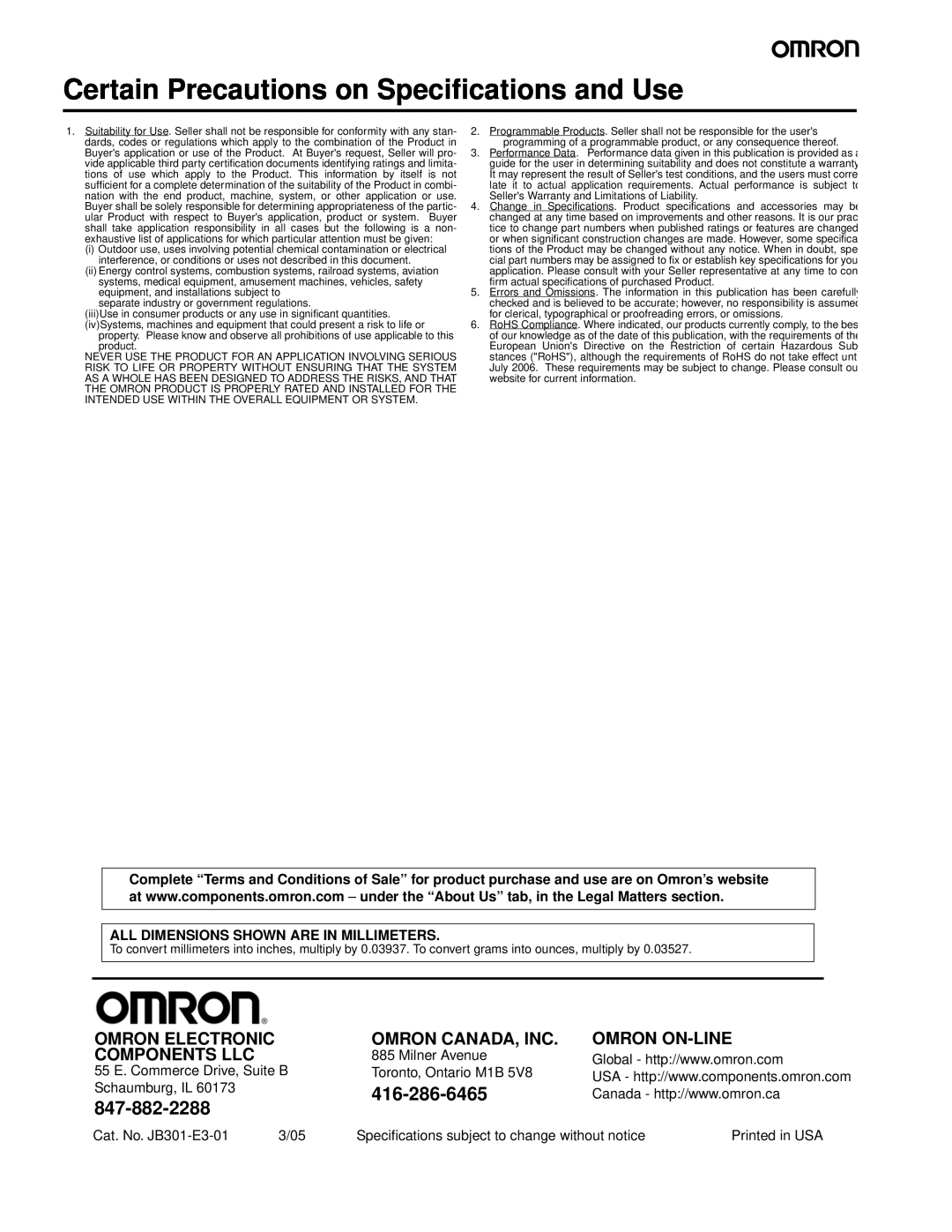 Omron B3F manual Certain Precautions on Specifications and Use, Omron Electronic, Omron Canada, Inc, Omron On-Line 