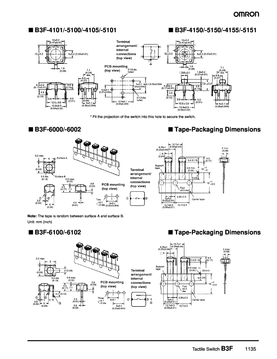 Omron B3F-4101/-5100/-4105/-5101, B3F-6000/-6002, B3F-6100/-6102, B3F-4150/-5150/-4155/-5151, Tape-Packaging Dimensions 
