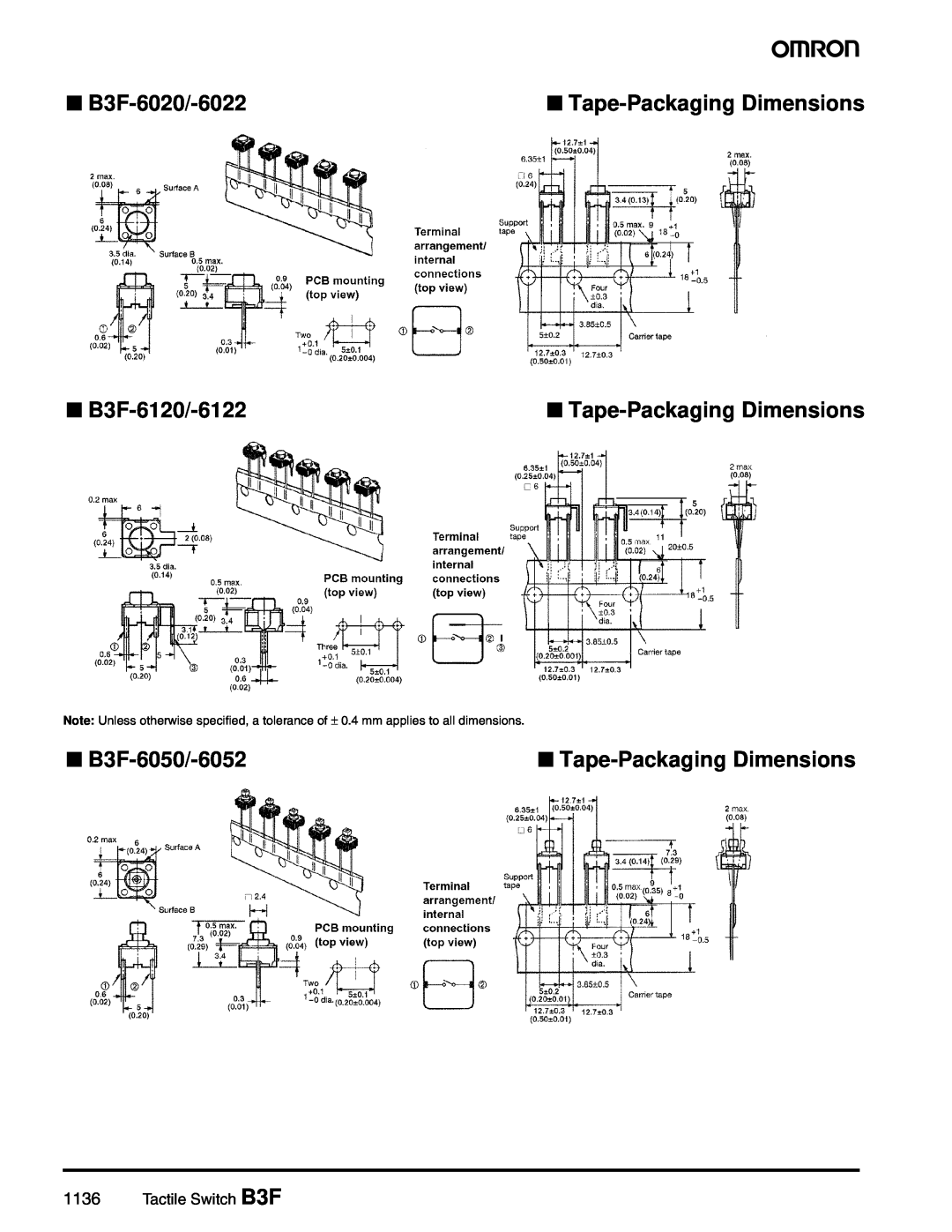 Omron manual B3F-6020/-6022, B3F-6120/-6122, B3F-6050/-6052, Tactile Switch B3F, Tape-Packaging Dimensions 