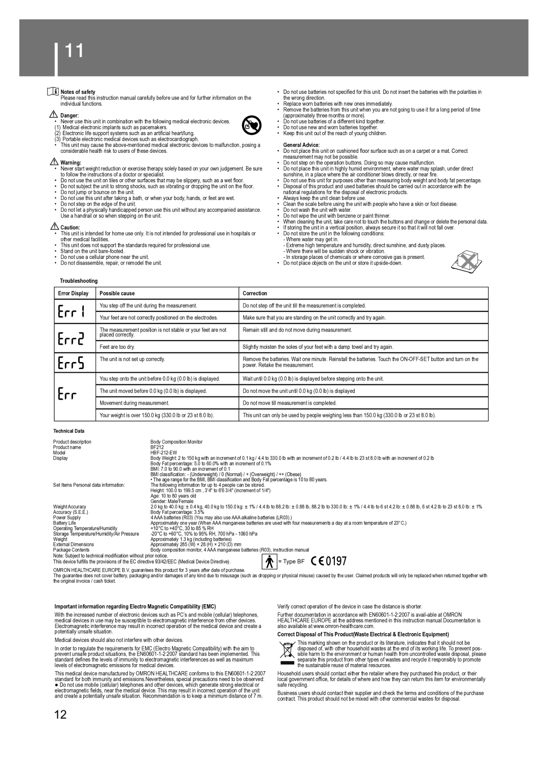 Omron BF212 instruction manual General Advice, Troubleshooting Error Display Possible cause Correction 