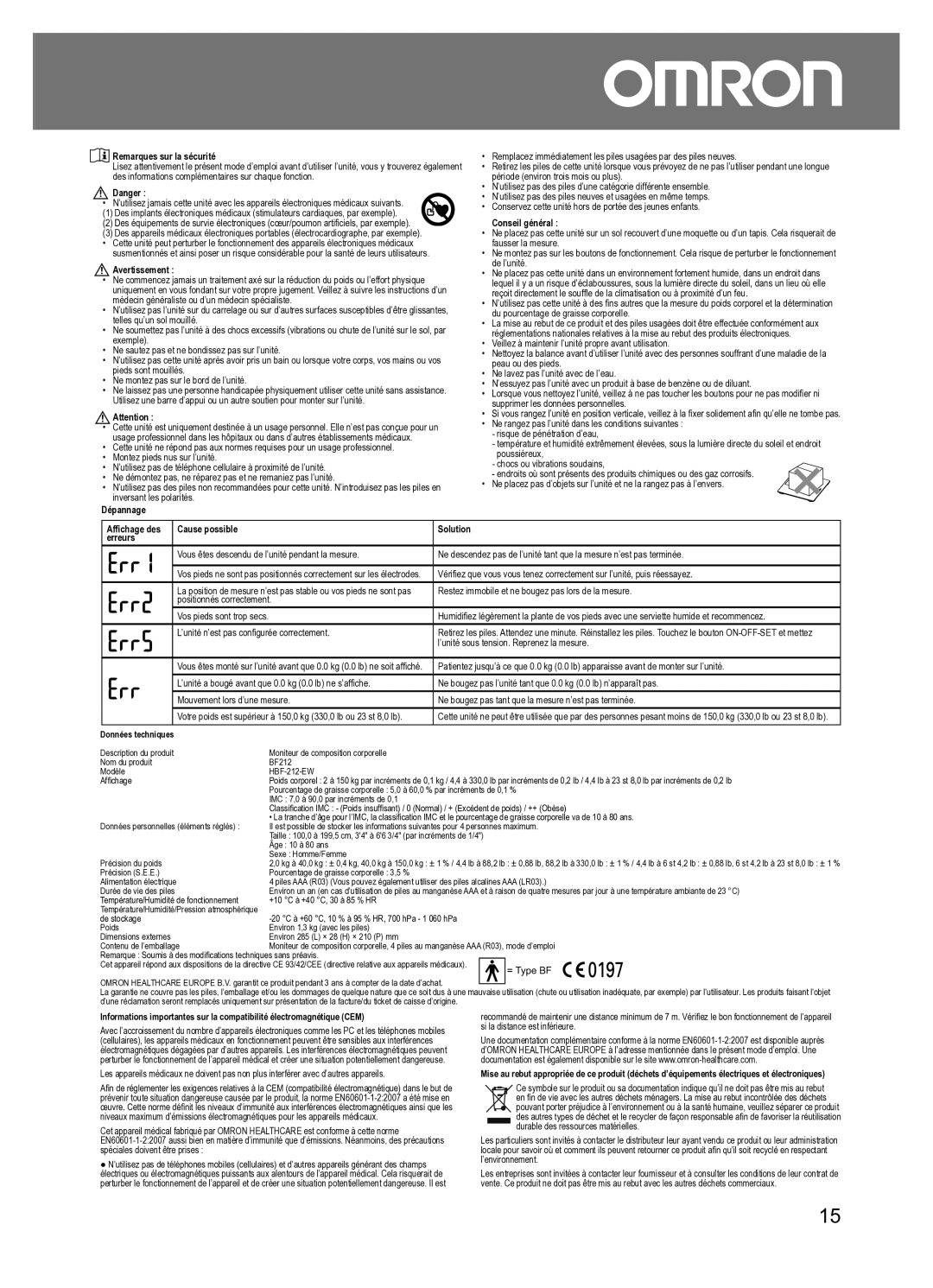 Omron BF212 instruction manual Remarques sur la sécurité, Danger, Avertissement, Dépannage, Conseil général 