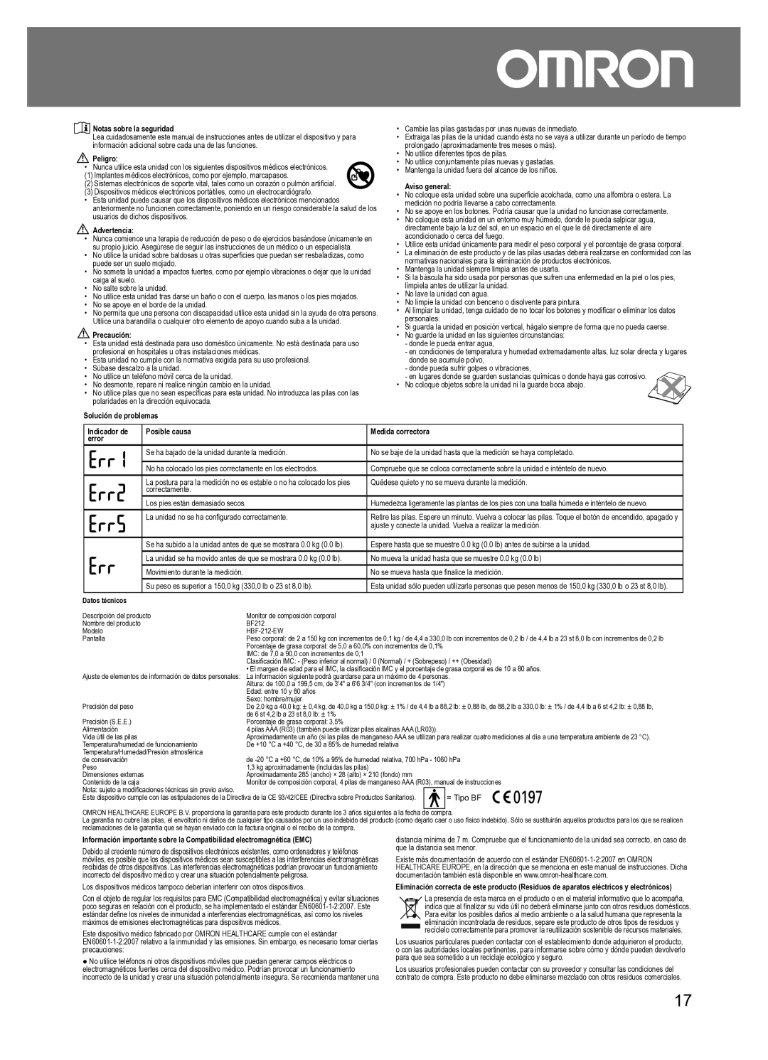 Omron BF212 Notas sobre la seguridad, Peligro, Advertencia, Precaución, Solución de problemas, Aviso general 