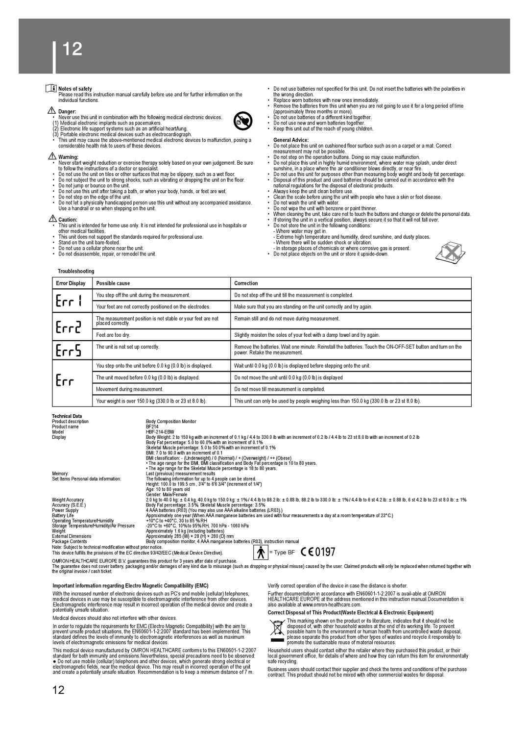 Omron BF214 instruction manual General Advice 