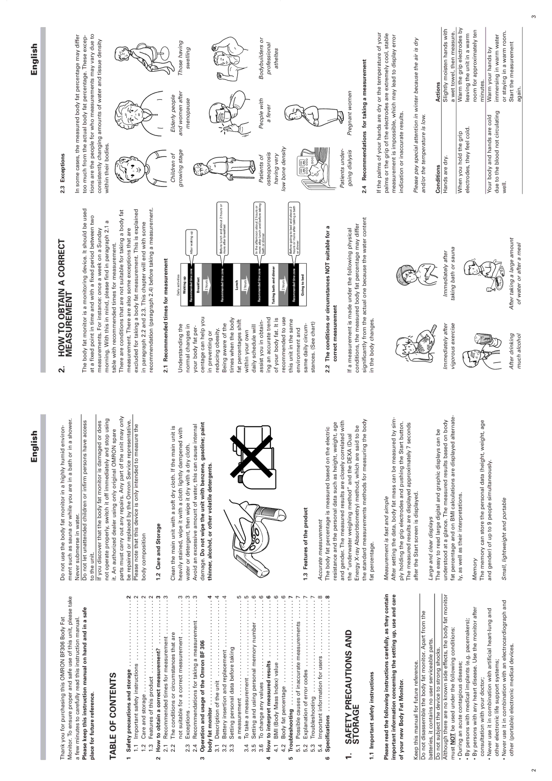 Omron BF306 instruction manual Table of Contents, HOW to Obtain a Correct Measurement, Safety Precautions and Storage 