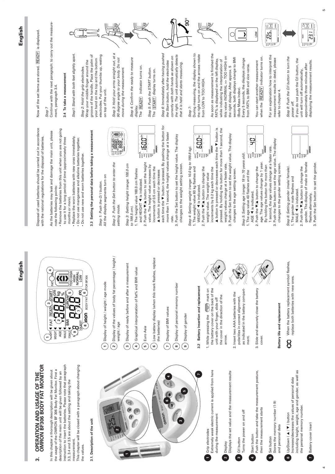 Omron instruction manual Operation and Usage of the Omron BF306 Body FAT Monitor 