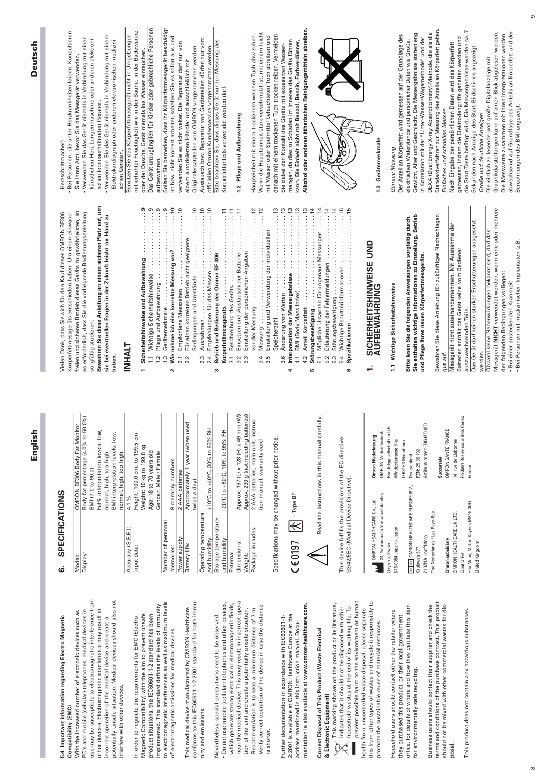 Omron BF306 instruction manual Specifications, Inhalt, Sicherheitshinweise UND Aufbewahrung 