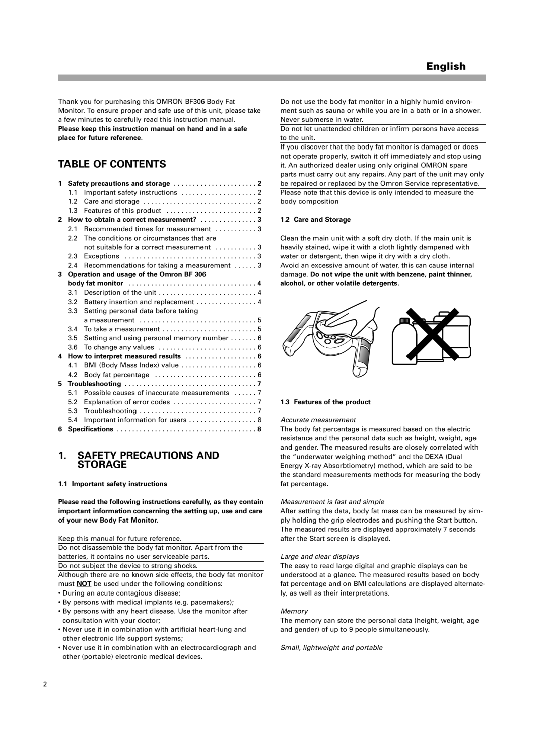 Omron BF306 instruction manual Table of Contents, Safety Precautions and Storage 