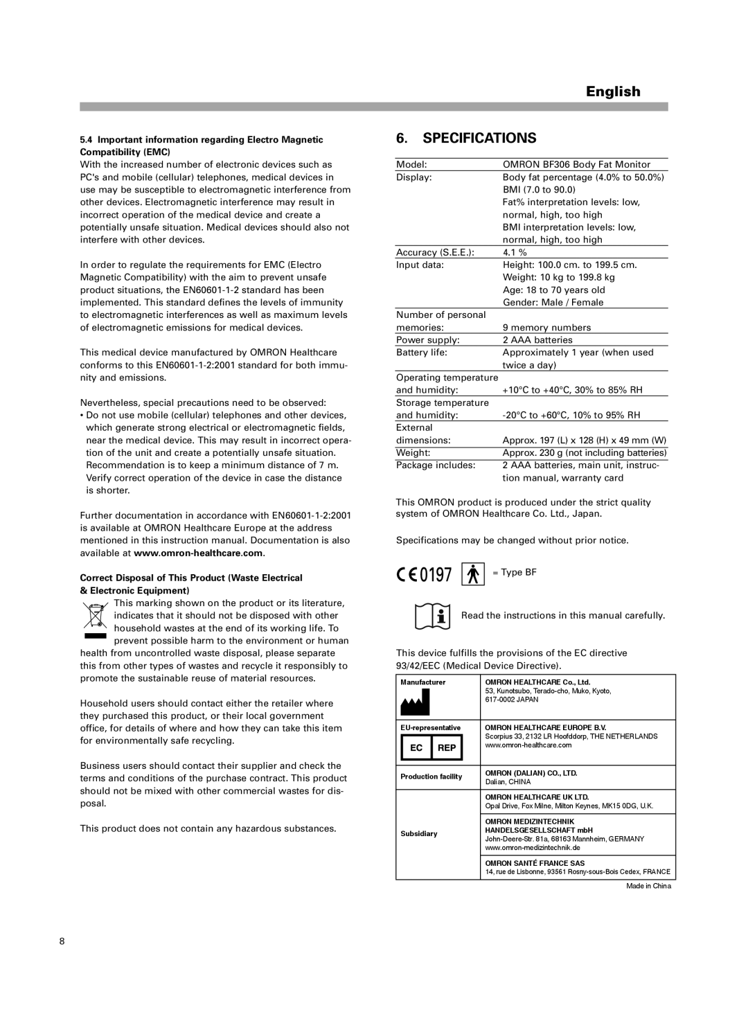 Omron BF306 instruction manual Specifications, Omron Healthcare Europe B.V 