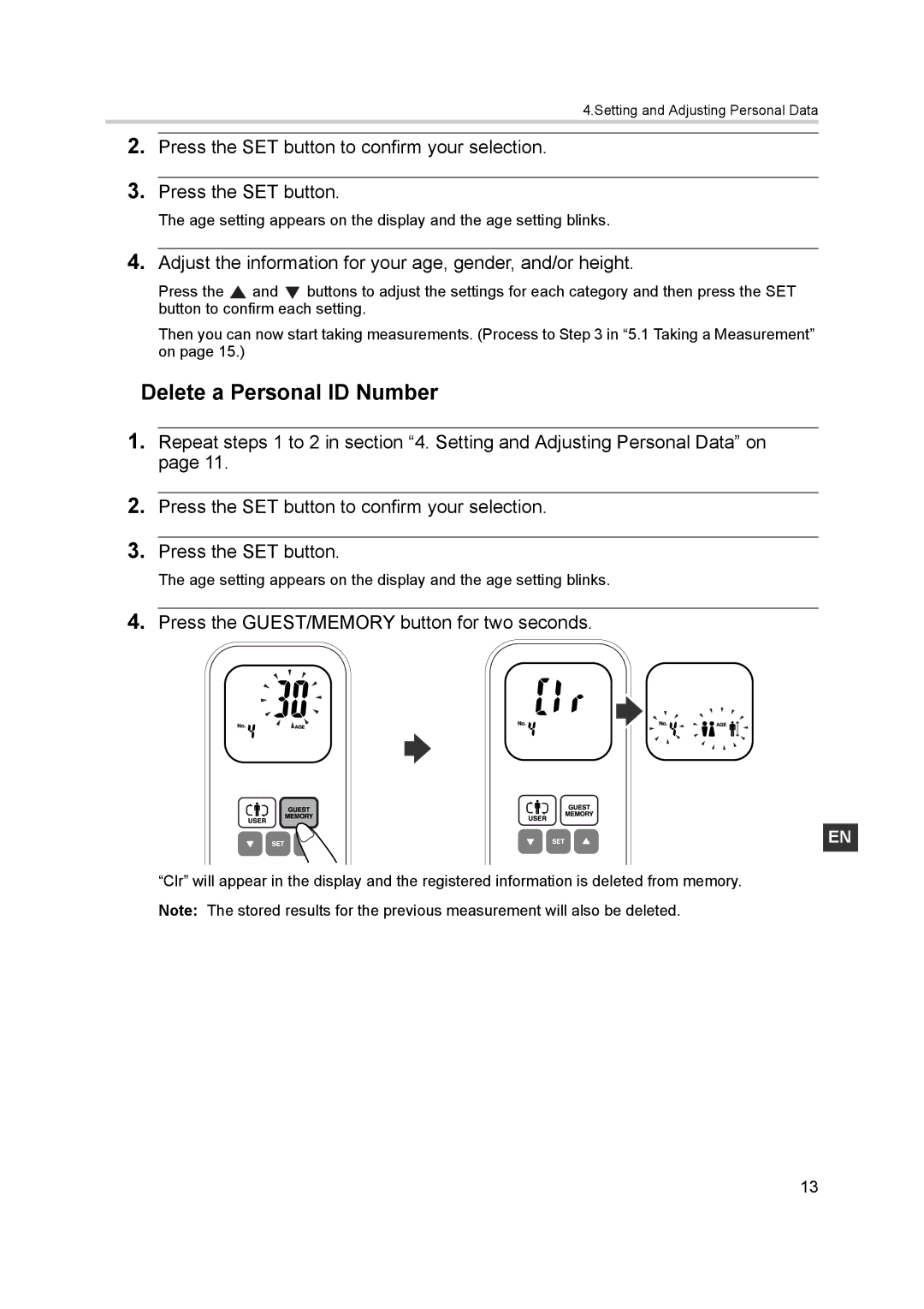 Omron BF400 instruction manual Delete a Personal ID Number, Adjust the information for your age, gender, and/or height 