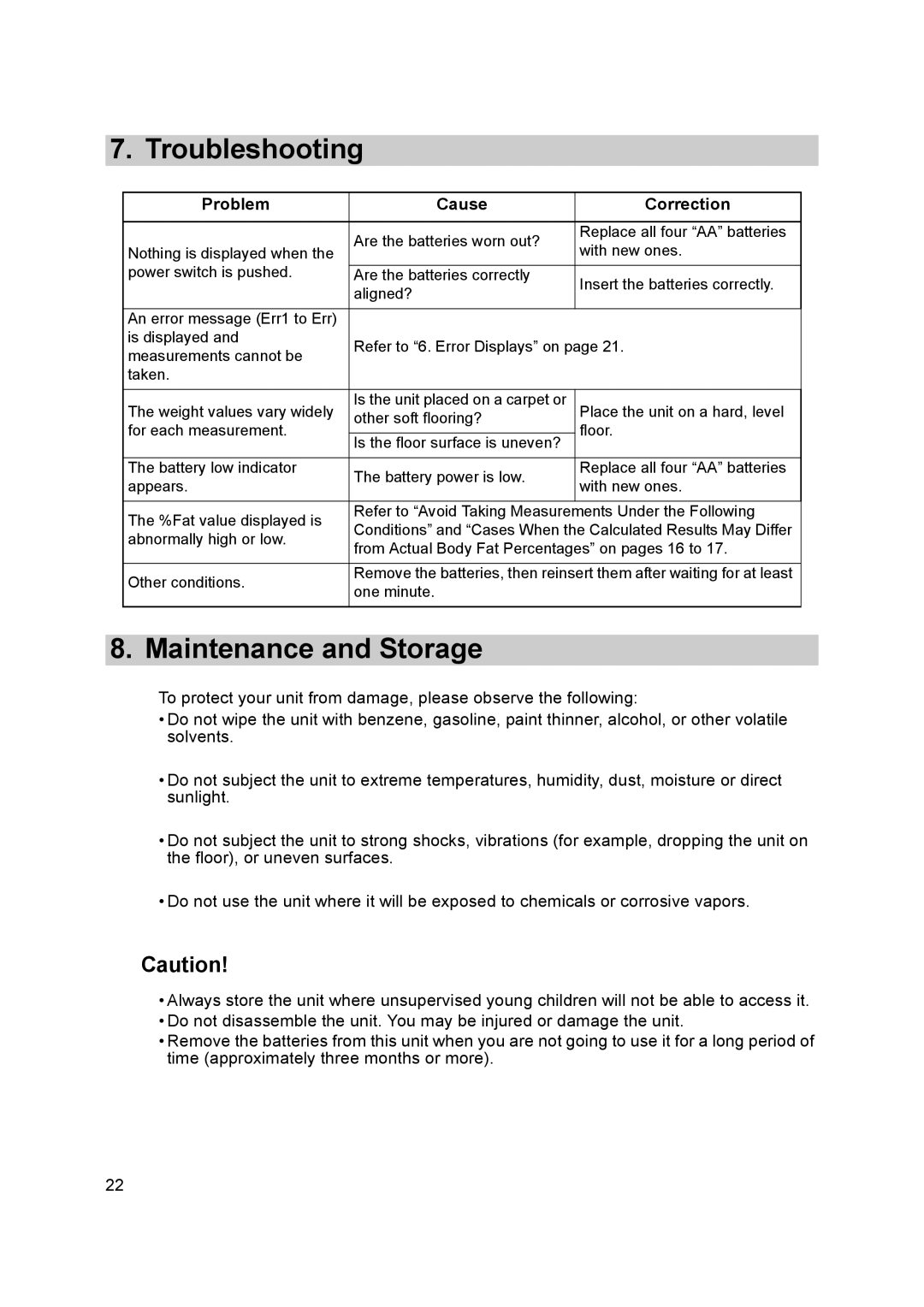 Omron BF400 instruction manual Troubleshooting, Maintenance and Storage, Problem Cause Correction 