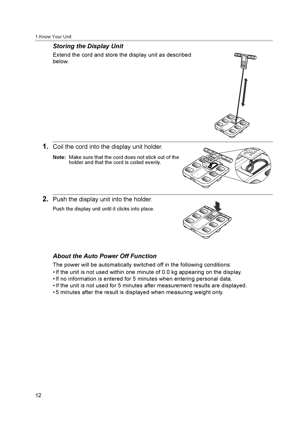 Omron BF500 instruction manual Storing the Display Unit, About the Auto Power Off Function 